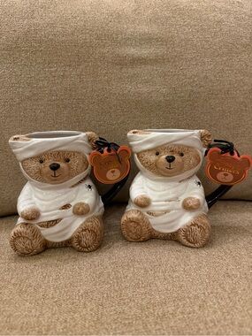 Teddy Bear Mummy Zombie Halloween Ceramic Mugs Set of 2 Creepy Critters New